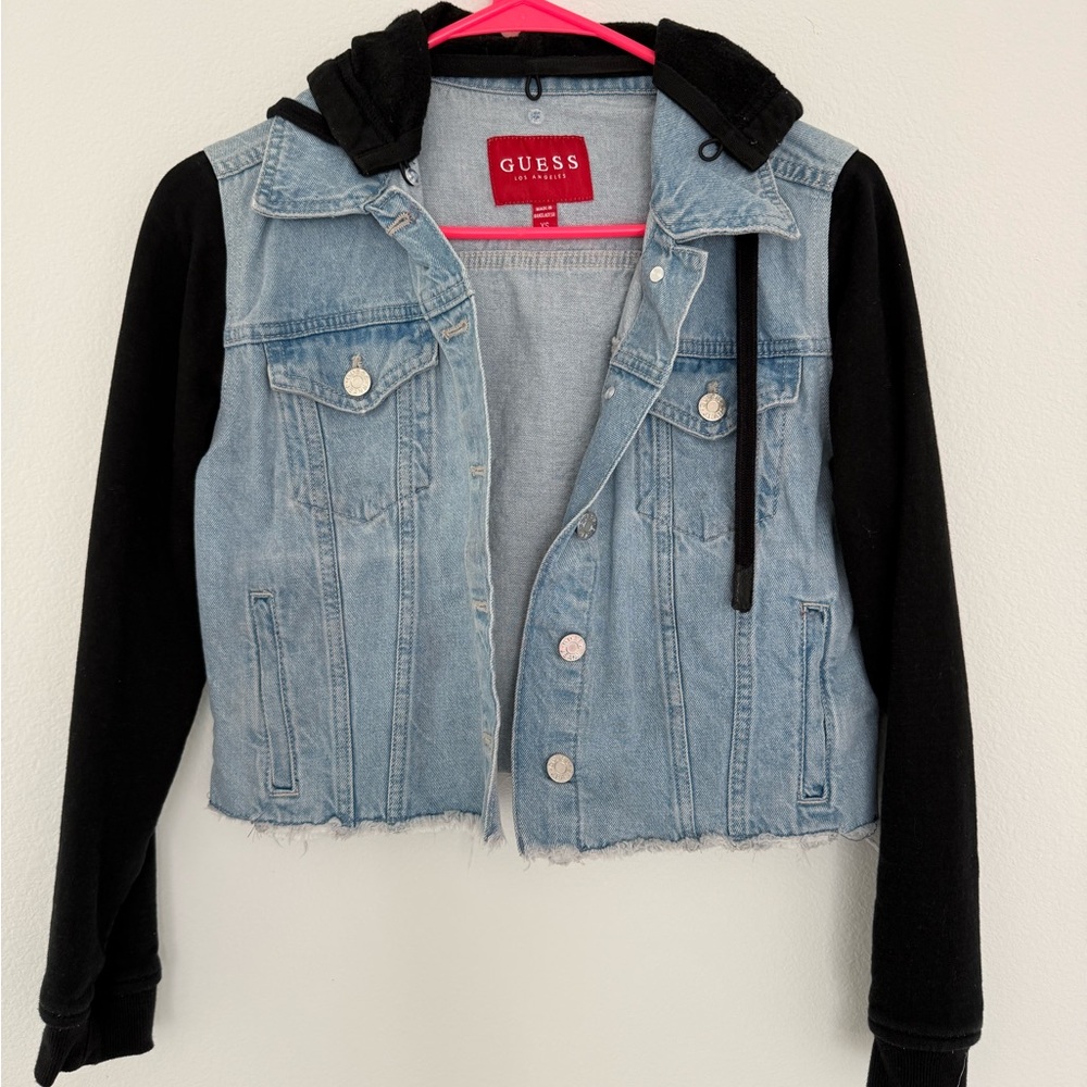 GUESS Two-Tone Light Blue Denim & Black Hooded Jacket
